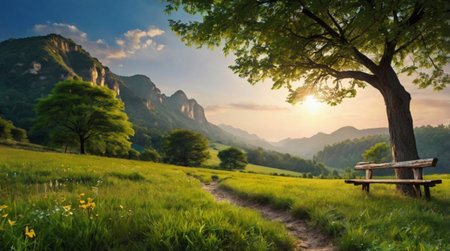 Wide green fields under a calm blue sky.の写真素材