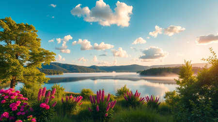 Soft reflections on a lake during sunset in ultra-high definition.の写真素材