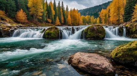 Tall pine trees wrapped in fog, creating a mysterious 4K nature scene.の写真素材