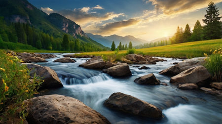 Gentle river crossing an open meadow.の写真素材