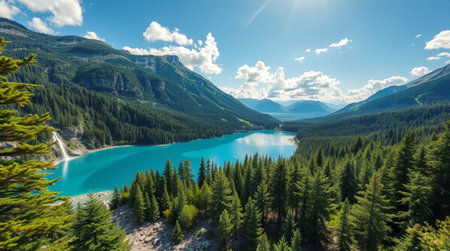 Beautiful mountain lake with turquoise water surrounded by lush forest and rocky peaks.の写真素材