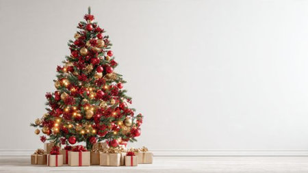 Traditional Christmas tree in studio lighting, decorated with red and gold ornaments and fairy lights.の写真素材