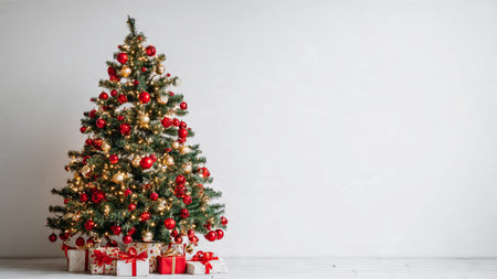 Stylish Christmas tree with festive red and gold decor, cozy lighting, and neatly placed gift boxes, captured in studio lighting.の写真素材