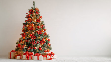 Elegant holiday Christmas tree featuring red and gold decorations, soft lighting, and gift boxes...