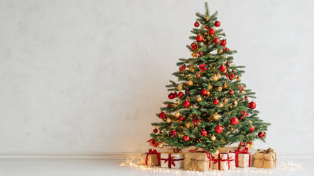 Traditional Christmas tree with red and gold baubles, glowing lights, and neatly arranged presents underneath.の写真素材