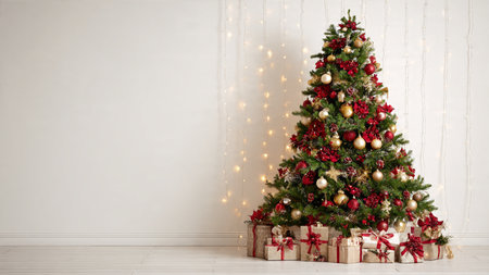 Clean white background image of a festive red and gold Christmas tree.の写真素材