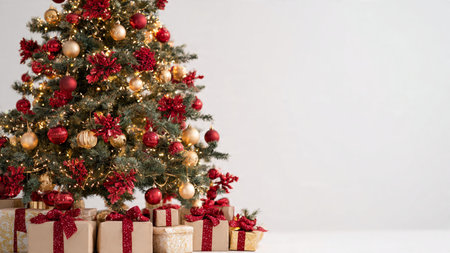 Christmas tree with presents and decorations on a white background with copy spaceの写真素材