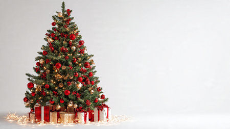 Clean white background Christmas tree with red and gold decor and gift boxes.