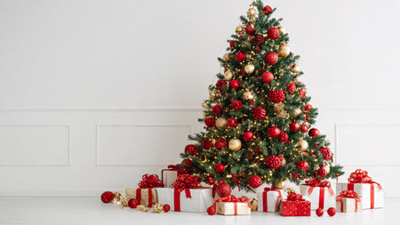 Festive red and gold Christmas tree with twinkling fairy lights and wrapped gifts underneath.