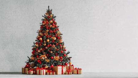 Festive Christmas tree decorated with classic red and gold ornaments and warm lighting.