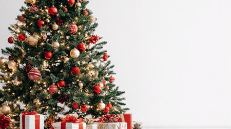 Clean white background Christmas tree with elegant red and gold accents.