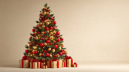 Studio-quality Christmas tree image with red and gold decorations and gifts.