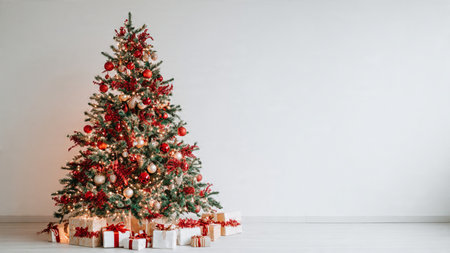 High-quality stock photo of a beautifully decorated red and gold Christmas tree.の写真素材