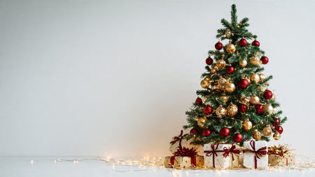 Minimalist Christmas tree scene with red and gold ornaments, warm lights, and presents on white background.の写真素材