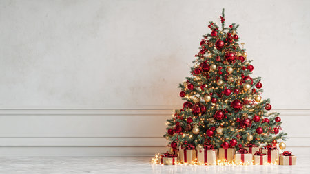 Christmas tree with presents and lights in front of white wall with copy spaceの写真素材