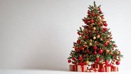 High-resolution stock photo of a Christmas tree decorated with red and gold ornaments and warm fairy lights.の写真素材