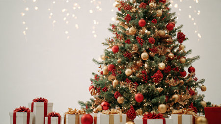 Holiday-themed Christmas tree with classic red and gold ornaments, fairy lights, and gift boxes,...
