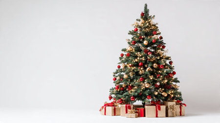 Elegant Christmas tree with shimmering red and gold baubles and warm lights.