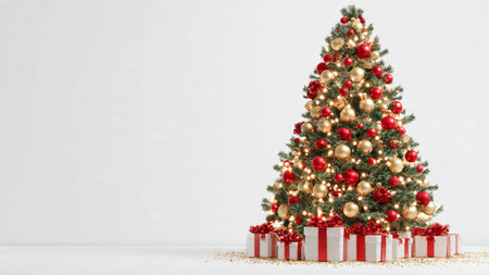 Studio-lit Christmas tree scene featuring red and gold ornaments and gifts.の写真素材