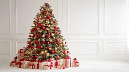 Studio-lit Christmas tree scene featuring red and gold ornaments and gifts.の写真素材