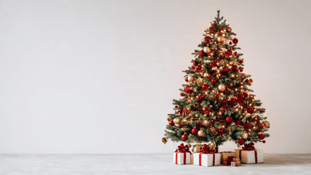 Elegant Christmas tree with shimmering red and gold baubles and warm lights.の写真素材