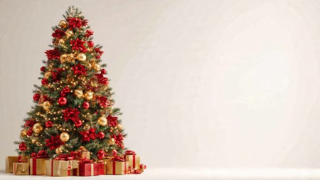 Premium studio photo of a Christmas tree decorated in red and gold.