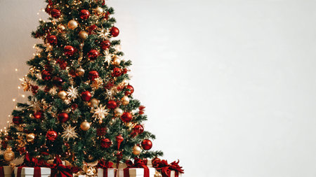 Classic Christmas tree with luxurious red and gold ornaments, cozy lighting, and gift boxes below.