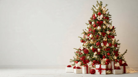 Clean and bright stock photo of a red and gold Christmas tree.