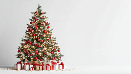 High-quality stock image of a festive red and gold Christmas tree.の写真素材