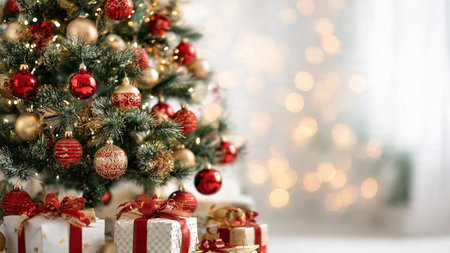 Elegant red and gold Christmas tree with soft fairy lights and gift boxes, photographed in stock photo style.の写真素材