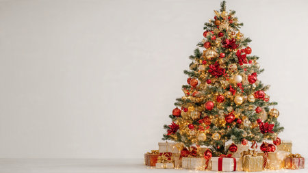 Festive holiday Christmas tree styled with red and gold ornaments and warm glowing lights.の写真素材