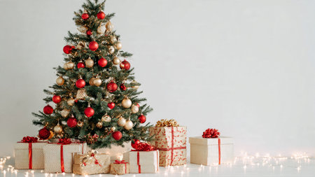 Sophisticated Christmas tree styled with red and gold ornaments, soft warm lights, and gifts below, on a bright white backdrop.の写真素材
