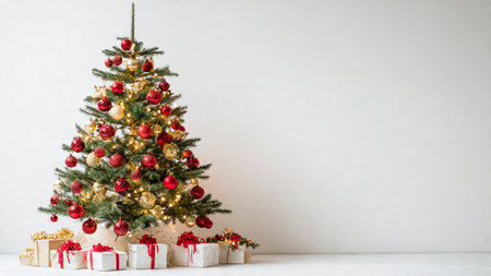 Christmas tree with gifts on the background of a white wall with copy spaceの写真素材