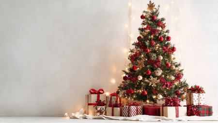 Stylish Christmas tree with festive red and gold decor, cozy lighting, and neatly placed gift boxes, captured in studio lighting.の写真素材