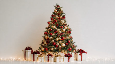 A beautiful Christmas tree adorned with red and gold ornaments, glowing warm fairy lights, and...