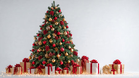 Elegant festive Christmas tree with red and gold ornaments, warm fairy lights, and gift boxes...