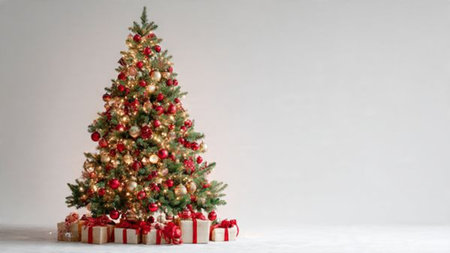 Elegant festive tree with red and gold decor, fairy lights, and gifts underneath.