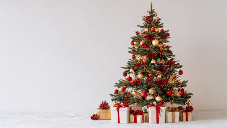High-quality stock image of a festive red and gold Christmas tree.の写真素材