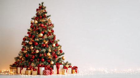Clean white background Christmas tree with red and gold decor and gift boxes.の写真素材