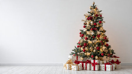 Clean and modern Christmas tree scene with red and gold decorations and presents.の写真素材
