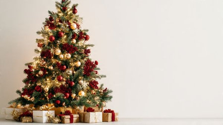 Classic holiday tree decorated with red and gold ornaments and warm lights.の写真素材