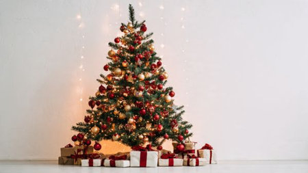 Premium stock image of a Christmas tree with red and gold ornaments and wrapped gifts.の写真素材