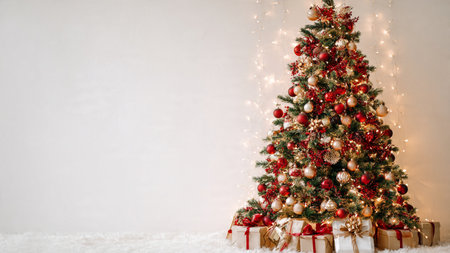 Stock photo of a beautifully decorated Christmas tree in red and gold with warm lights and presents.の写真素材