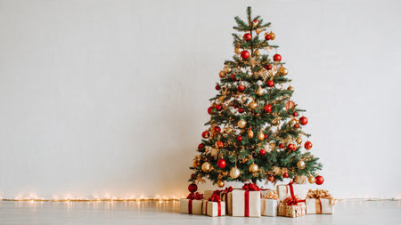 Classic holiday Christmas tree featuring red and gold ornaments, warm twinkling lights, and presents...