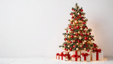 Elegant studio-style Christmas tree featuring warm lights and gift boxes.の写真素材