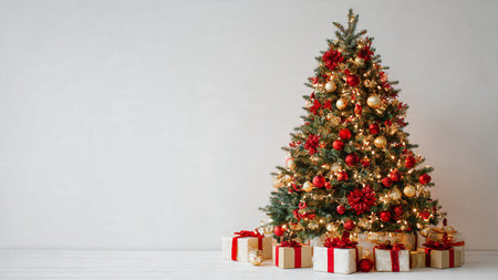 Sophisticated Christmas tree styled with red and gold ornaments, soft warm lights, and gifts below, on a bright white backdrop.の写真素材