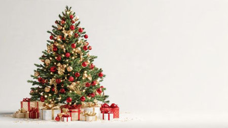 Classic Christmas tree scene with red and gold ornaments and cozy lighting.の写真素材