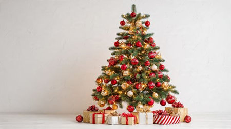 Christmas tree with red and gold decorations on a white background. Copy space.の写真素材