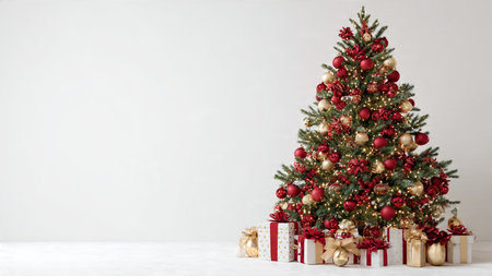Traditional holiday tree decorated with red and gold ornaments and fairy lights.