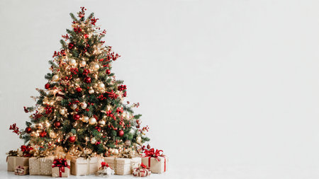 Traditional red and gold Christmas tree with cozy lighting and gifts.の写真素材